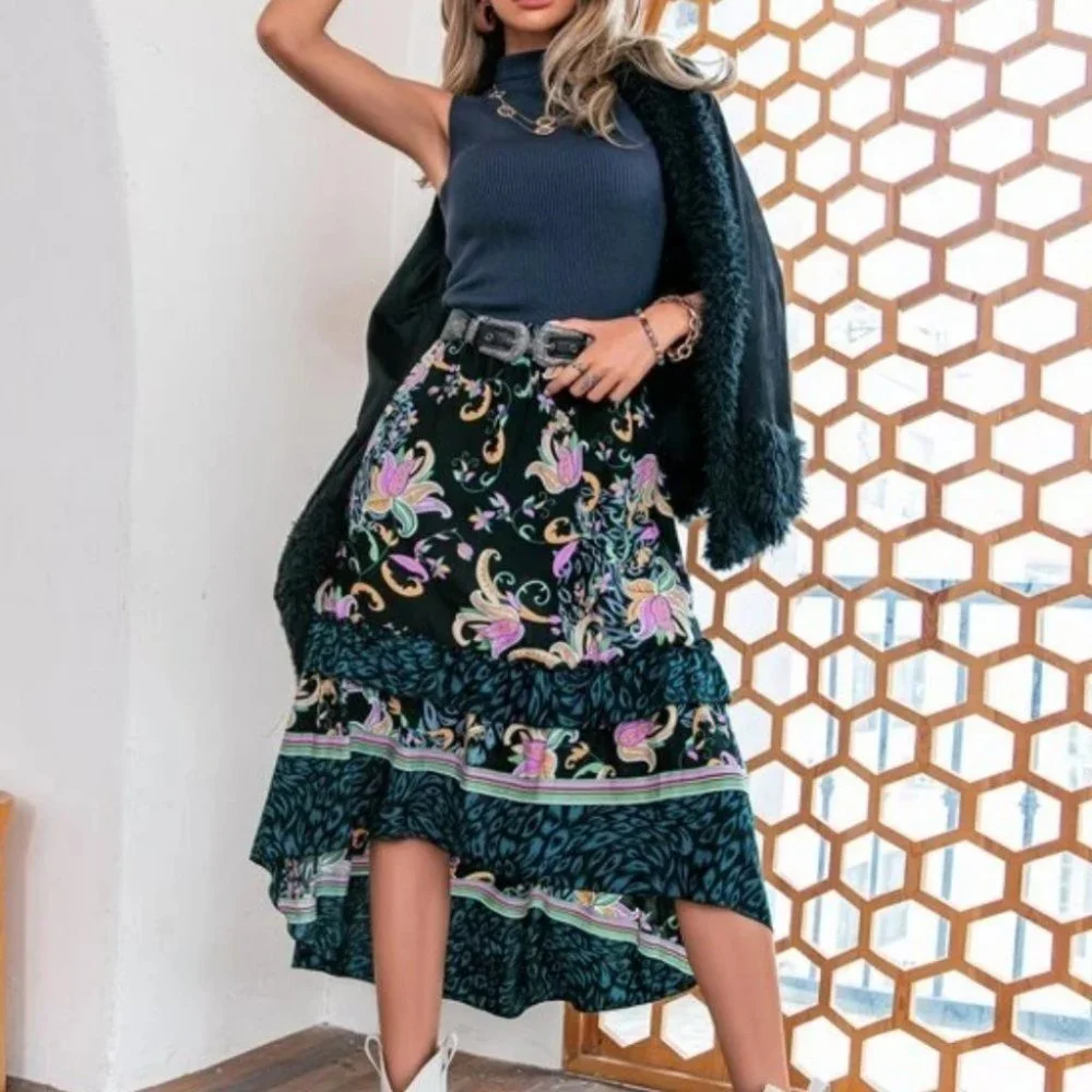 Boho Beauty Floral Asymmetrical hi low Ruffle Hem Skirt